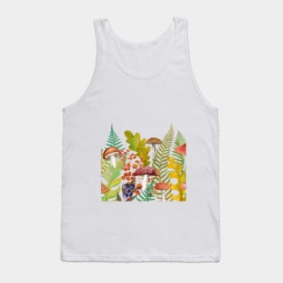 Autumn leaves and mushrooms seamless border. Fall leaf, fly agaric watercolor illustration. Woodland composition Tank Top